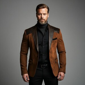 May include: A brown suede blazer with dark brown leather shoulder accents and a black pocket. The blazer is paired with a black shirt and black pants. The model is wearing a black turtleneck.