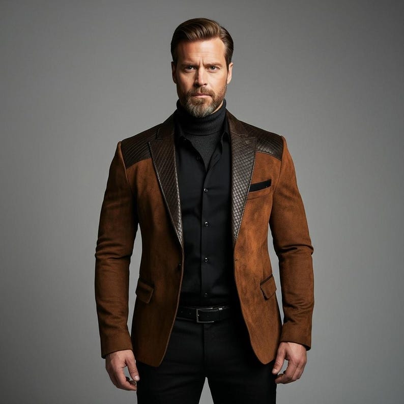 May include: A brown suede blazer with dark brown leather shoulder accents and a black pocket. The blazer is paired with a black shirt and black pants. The model is wearing a black turtleneck.