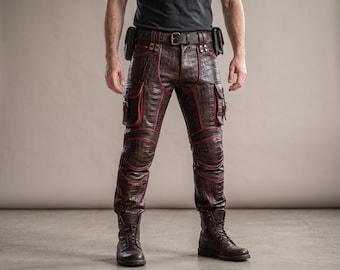 Handmade Men's Brown Croc Embossed Leather Cargo Pants Genuine Cowhide Slim Fit Biker Trousers Red Piping Moto Breeches