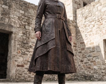 Women's Medieval Long Leather Coat Distressed Brown Buckle Trench Steampunk LARP Duster Jacket Genuine Cowhide Custom Made