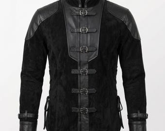 Handmade Men's Black Suede & Leather Gothic Shirt | Steampunk Buckled Tunic | Medieval Fantasy Cosplay Jerkin | Dark Hero Doublet