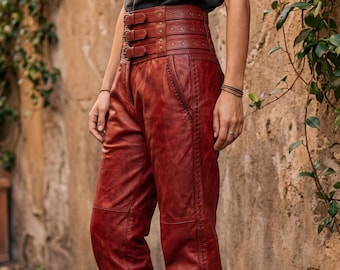 Handmade Men's Red Leather Pants Genuine Hide High Waist Triple Buckle Trousers Studded Waistband Gothic Biker Custom Made Bottoms