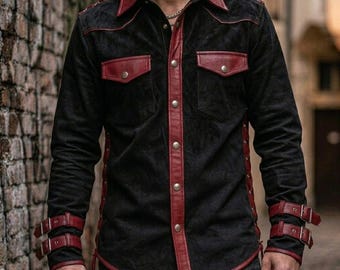Handmade Men's Gothic Leather Shirt Black Suede Red Trim Genuine Cowhide Laced Sides Medieval Tunic Biker Top Black and Red Leather Shirt