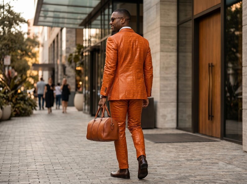 Handgjord herrkostym i orange krokodilskinn, äkta präglat läder, kavajbyxor, lyxig slim fit, balklänning, bröllopsoutfit, anpassad bild 5