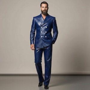 Royal Blue Croc-Embossed Leather Suit | Premium Cowhide Double Breasted Set | Luxury Wedding Gift for Him