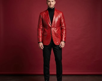 Red Mandarin Collar Blazer | Premium Cowhide Leather | Luxury Formal Wedding Jacket for Men