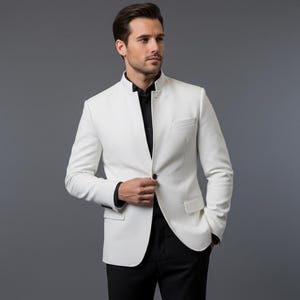 White Mandarin Collar Blazer | Premium Cowhide Leather | Luxury Formal Wedding Jacket for Men