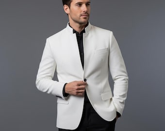 Blazer blanc à col mao | Cuir de vachette haut de gamme | Veste de mariage formelle de luxe pour homme