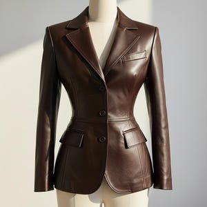 Peut inclure: Un blazer en cuir marron fonc&eacute; avec une coupe ajust&eacute;e. Le blazer pr&eacute;sente un revers crant&eacute;, deux poches avant et une fermeture &agrave; bouton unique. Le design est classique et professionnel.