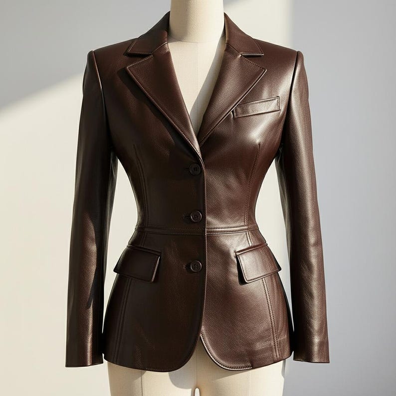 Peut inclure: Un blazer en cuir marron fonc&eacute; avec une coupe ajust&eacute;e. Le blazer pr&eacute;sente un revers crant&eacute;, deux poches avant et une fermeture &agrave; bouton unique. Le design est classique et professionnel.