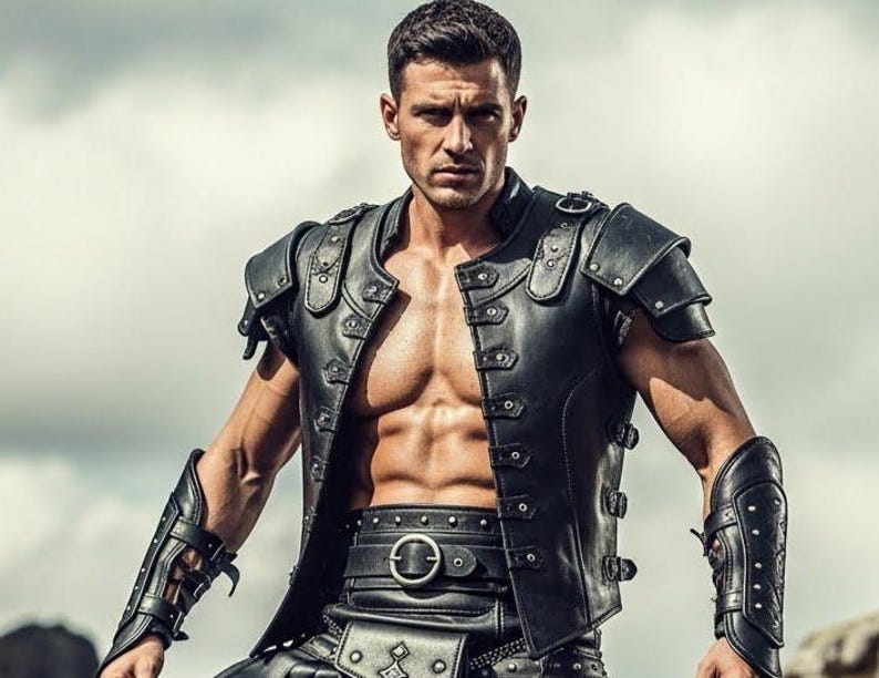 May include: Black leather vest with shoulder pads, a matching belt, and arm guards. The vest has multiple button closures and is worn open, revealing the chest. The outfit is designed with a medieval or fantasy theme.