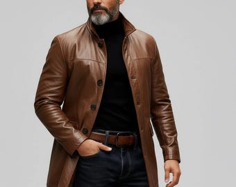 Tan Brown Leather Car Coat | Genuine Cowhide Mid-Length Jacket | Classic Streetwear Gift for Men