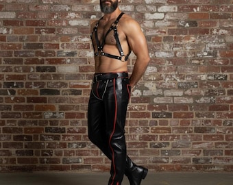Genuine Black Leather Pants | Premium Cowhide Harness & Piped Pants | Bold Festival Gear for Men