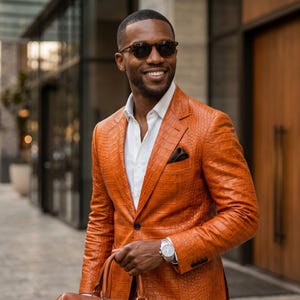 Handgjord herrkostym i orange krokodilskinn, äkta präglat läder, kavajbyxor, lyxig slim fit, balklänning, bröllopsoutfit, anpassad bild 6