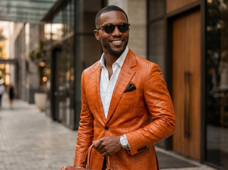 Handgjord herrkostym i orange krokodilskinn, äkta präglat läder, kavajbyxor, lyxig slim fit, balklänning, bröllopsoutfit, anpassad bild 6