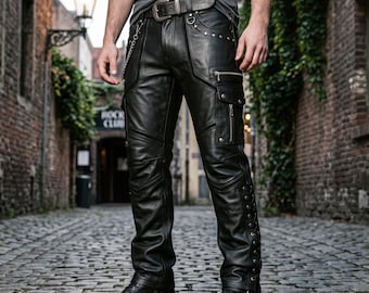 Handmade Men's Black Genuine Leather Cargo Pants Studded Gothic Biker Trousers Lace Up Slim Fit Motorcycle Leather Jeans Custom Made