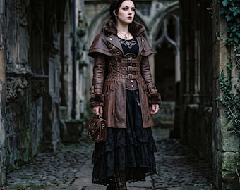 Women's Brown Leather Gothic Coat | Steampunk Capelet Jacket |Victorian Fur Trim Trench | Corset Laced Winter Duster |Dark Fantasy Outerwear
