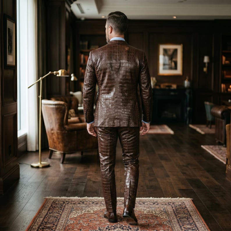 May include: A brown leather suit with a crocodile skin effect. The suit comprises a jacket and trousers. The person is walking on a patterned rug in a room with dark wood panelling and a leather armchair.