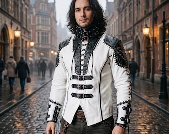 Handmade Men's White & Black Leather Armor Shirt | Gothic Steampunk Jacket | Spiked Shoulder Cosplay Coat | Medieval Lace-Up Top