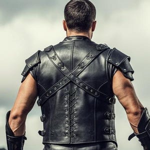 May include: Black leather vest with shoulder armor and arm guards. The vest features a laced back and crisscross straps. The shoulder armor is riveted. The arm guards have buckles and straps. The overall design is reminiscent of historical or fantasy attire.