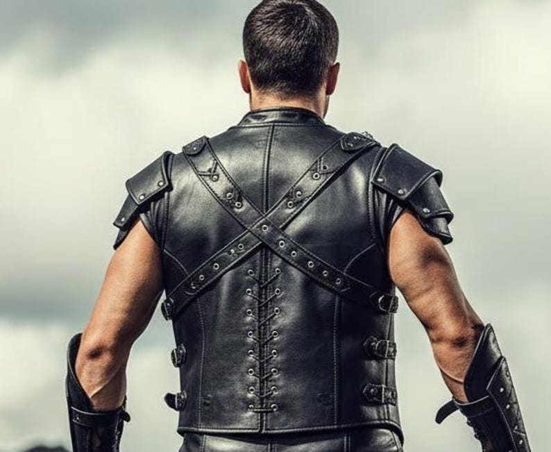 May include: Black leather vest with shoulder armor and arm guards. The vest features a laced back and crisscross straps. The shoulder armor is riveted. The arm guards have buckles and straps. The overall design is reminiscent of historical or fantasy attire.