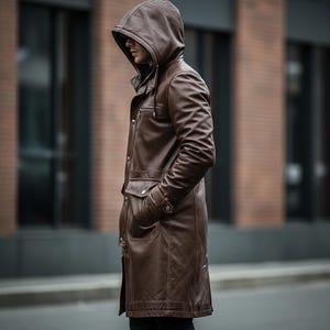 Może przedstawiać: Brązowy sk&oacute;rzany płaszcz z kapturem, zapinany na guziki, z dwiema przednimi kieszeniami i kieszenią na piersi zapinaną na zamek. Płaszcz ma długą długość i jest noszony przez osobę stojącą na zewnątrz.