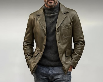 Olive Green Leather Blazer | Premium Cowhide Sport Coat | Streetwear Gift for Men
