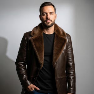 May include: A brown leather jacket with a fur collar. The jacket has a classic design with a tailored fit. The fur collar is a lighter shade of brown, creating a contrast with the jacket's darker color. The person in the image is wearing a black shirt.