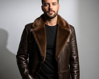 Hand-Burnished Brown Shearling Coat | Genuine Cowhide Leather Trench | Winter Streetwear Overcoat for Men