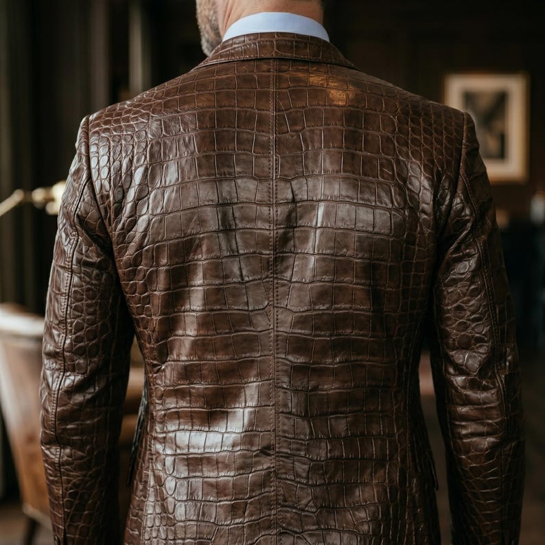 May include: A brown leather blazer with a crocodile skin texture. The tailored jacket features a classic design with a notched lapel and a two-button closure. The image shows the back of the blazer, highlighting the intricate leather details.