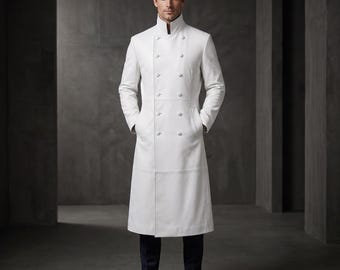 Handmade Men's White Leather Trench Coat | Minimalist Long Overcoat | Sci-Fi Duster | Gothic Steampunk Coat | Straight Cut Double-Breasted