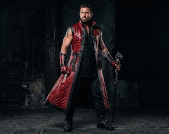 Handmade Men Crocodile Leather Long Vest Red Cowhide Buckle Front Sleeveless LARP Fantasy Costume For Men Outfit