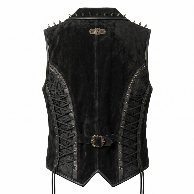 May include: Black vest with a velvet texture, leather trim, and lace-up sides. The vest features a decorative buckle, metal spikes on the collar, and a patterned fabric insert. A gothic or punk style.