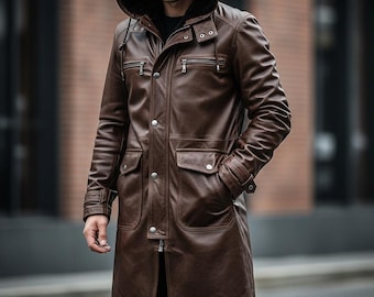 Hooded Leather Trench Coat - Genuine Cowhide Brown Long Leather Coat - Custom Leather Coat for Men - Streetwear Real Leather Coat