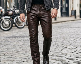 Handmade Mens Brown Crocodile Leather Pants Genuine Cowhide Croc Embossed Slim Fit Biker Pants Luxury Designer Leather Trousers Custom