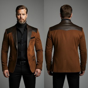 Luxury Men's Suede and Leather Blazer, Quilted Shoulder Detail Jacket, Custom Tailored Brown Suit Jacket, Designer Formal Leather Coat