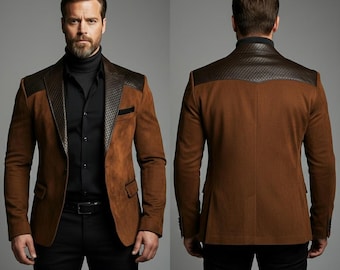 Blazer de luxe en cuir et daim pour homme, veste matelassée avec empiècements sur les épaules, veste de costume marron sur mesure, manteau en cuir de créateur