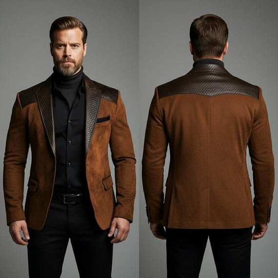Luxury Men's Suede and Leather Blazer, Quilted Shoulder Detail Jacket, Custom Tailored Brown Suit Jacket, Designer Formal Leather Coat