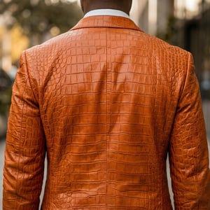 Handgjord herrkostym i orange krokodilskinn, äkta präglat läder, kavajbyxor, lyxig slim fit, balklänning, bröllopsoutfit, anpassad bild 8