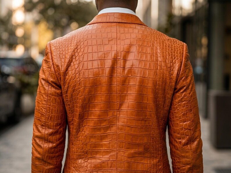 Handgjord herrkostym i orange krokodilskinn, äkta präglat läder, kavajbyxor, lyxig slim fit, balklänning, bröllopsoutfit, anpassad bild 8