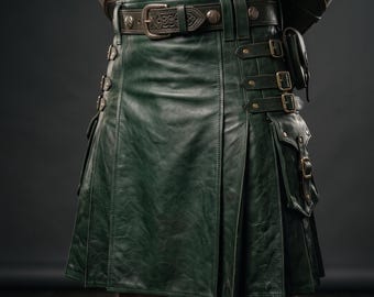 Handmade Men's Forest Green Leather Utility Kilt Genuine Cowhide Gothic Pleated Cargo Skirt Medieval LARP Warrior Buckle Kilt Custom