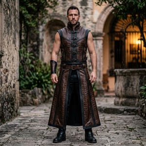 May include: A sleeveless brown vest with a crocodile skin texture and black trim, featuring multiple front buckle closures and a matching long, open-front skirt panel that extends to the knees, worn over simple black trousers and black boots.