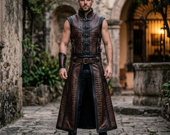 Handmade Men's  Leather Tunic Set Croc Embossed Brown Genuine Cowhide Buckle Vest Long Split Skirt Medieval Cosplay LARP Custom Outfit