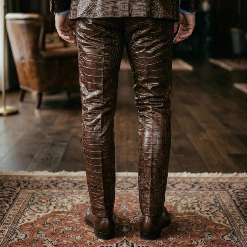 May include: Brown leather trousers with a crocodile skin texture. The trousers are part of a suit and are paired with brown leather shoes. The image is taken from a low angle, showing the back of the person wearing the suit.