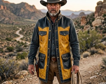 Men's Handcrafted Distressed Yellow & Black Leather Vest | Western Outlaw Long Waistcoat | Steampunk Frontier Outerwear