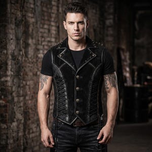 May include: Black vest with a studded collar and button closure. The vest features lace-up detailing on the sides and is worn over a black t-shirt. The style is reminiscent of a steampunk or gothic aesthetic.