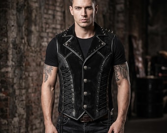 Gilet da uomo in vera pelle scamosciata nera fatto a mano, gilet gotico in vera pelle scamosciata con lacci, gilet in pelle personalizzato