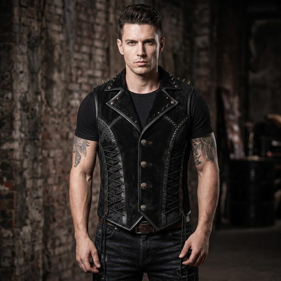 Handmade Men Black Suede Leather Vest Genuine Gothic Suede Vest Lace Up Custom Leather Vest