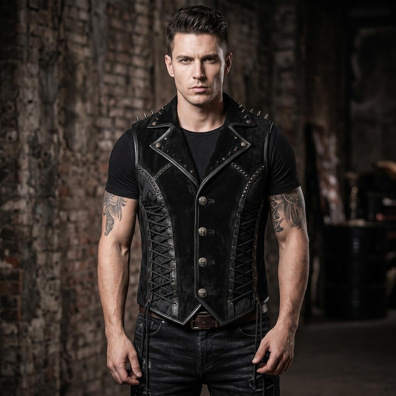 May include: Black vest with a studded collar and button closure. The vest features lace-up detailing on the sides and is worn over a black t-shirt. The style is reminiscent of a steampunk or gothic aesthetic.