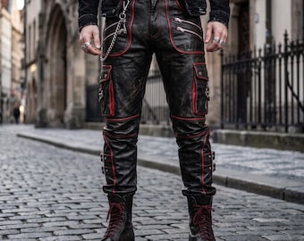 Handmade Men's Gothic Leather Pants Distressed Black Red Piping Genuine Cowhide Cargo Buckle Biker Trousers Punk Custom